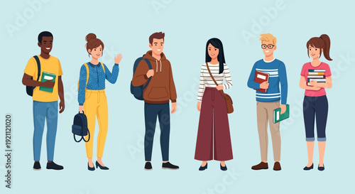 Diverse group of young adults standing together with books and backpacks.