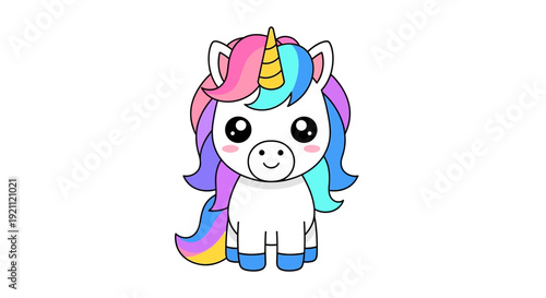 Adorable cartoon unicorn with colorful mane and pastel colors.