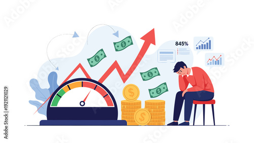 Sad businessman sitting next to declining financial charts and stacks of coins illustrating economic crisis and budget loss problems.