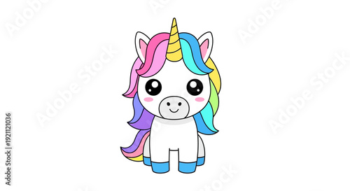 A cartoon unicorn with a colorful mane and blue hooves.