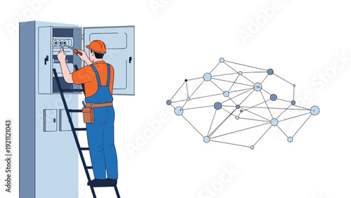 Electrician working on a power distribution board while a complex network diagram symbolizes connectivity and infrastructure systems.