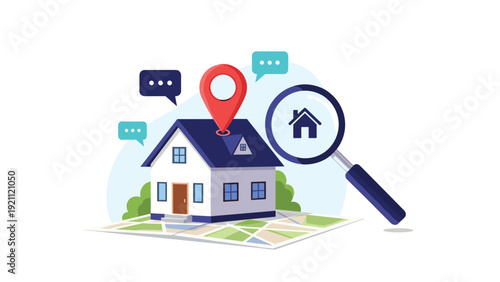 House icon on a city map with a magnifying glass and location pin representing real estate search and property finding services.