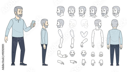 character animation set vector illustration of an older bearded man with gray hair featuring diverse poses and views