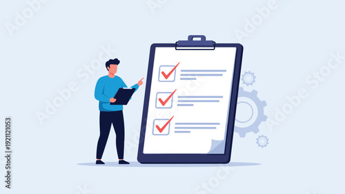 Quality control specialist checking items on a giant clipboard with red checkmarks to ensure project standards and completion.