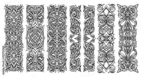 celtic viking tribal knotwork patterns featuring intricate mythological and geometric motifs for ornamental borders medieval art tattoo designs.