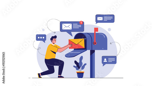 Young man putting a letter into a large blue mailbox with various notification bubbles representing modern communication concepts.