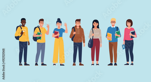 Diverse group of young adults standing together with books and backpacks.