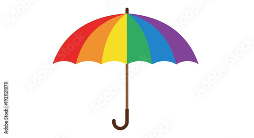 Rainbow colored umbrella illustration on white background.