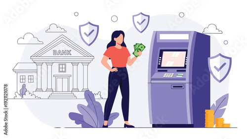 Woman standing next to a purple ATM machine holding cash with a bank building and security shields in the background landscape.