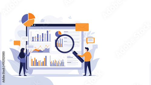 Two analysts examining complex data reports on a large screen with a magnifying glass for deep business insights and research.