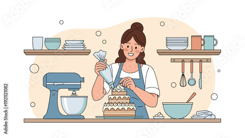 Smiling female pastry chef decorating a multi-layered cake with frosting in a well-equipped kitchen with various baking tools.