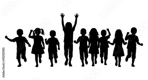 children silhouettes running and jumping a dynamic group embodying energetic childhood youthful freedom and pure joy.