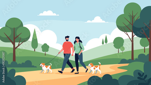 Happy couple walking their two dogs on a path through a beautiful green park under a clear sky during a peaceful summer afternoon.