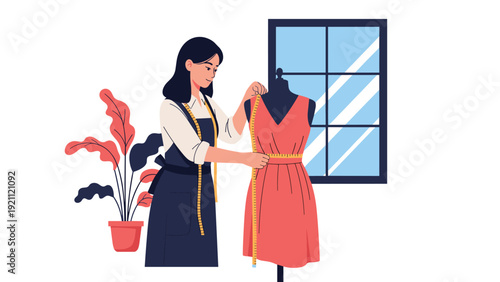 Professional fashion designer measuring a dress on a mannequin in her studio with indoor plants and a large window background.