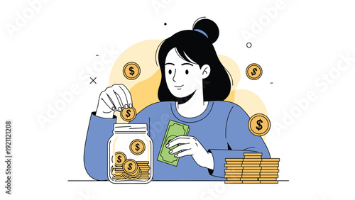 Responsible young woman practices financial saving by carefully placing gold coins and paper money into a glass savings jar.