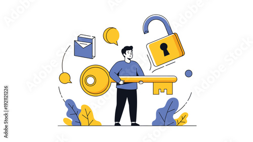 Confident man holds a giant golden key next to a large open padlock and icons representing secure access and data protection.