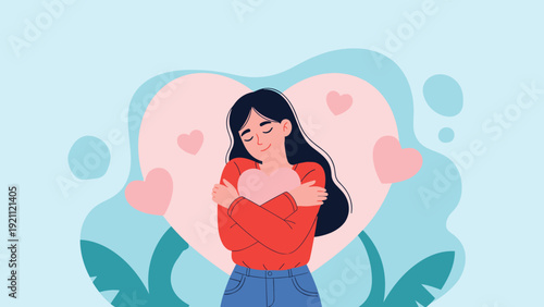 Gentle woman hugs a soft pink heart shaped pillow to express self care, emotional wellness, and a sense of inner happiness.