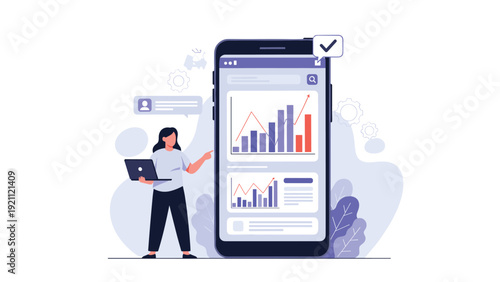 Professional businesswoman analyzes complex data charts and financial growth statistics on a large digital smartphone display.