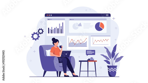 Young woman works from home in a cozy chair while drinking coffee and reviewing financial data charts on a large background.