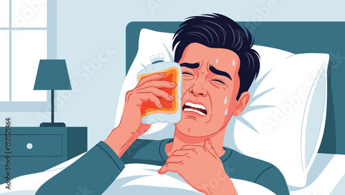 Man suffers from a severe toothache while lying in bed and holding an ice pack to his swollen cheek in a dark bedroom at night.