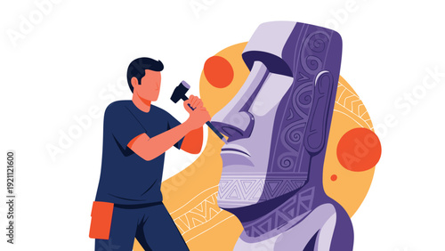 Skilled sculptor using a hammer and chisel to carve a large stone moai statue from Easter Island in a creative workshop setting.