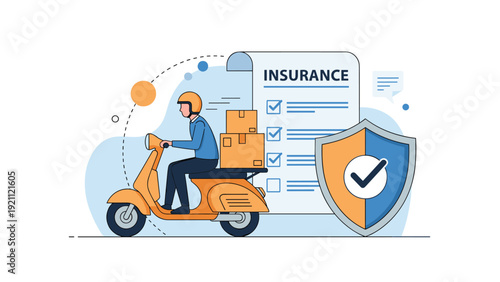 Courier service and package protection concept with a delivery man on a scooter in front of a giant insurance document and shield.