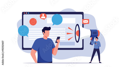 Digital marketing and social media announcement concept with a man using a smartphone while another man broadcasts through a megaphone.