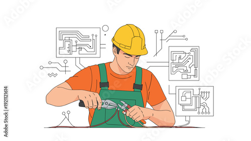 Skilled electrician wearing a yellow hard hat and orange shirt repairing complex electrical wiring and circuit boards with pliers.