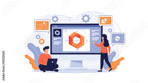 Graphic designers collaborating on a professional brand identity and logo design project using a desktop computer and various tools.