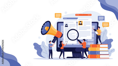 Human resources and recruitment campaign showing a team searching for candidates on a computer screen with magnifying glass and megaphone.