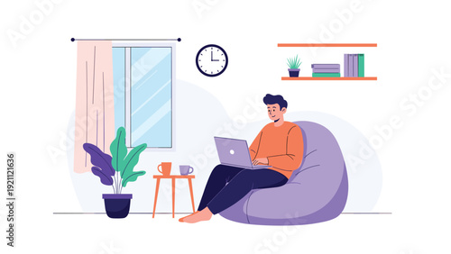 Relaxed freelancer working remotely from home on a laptop while sitting comfortably in a purple bean bag chair in a cozy living room.