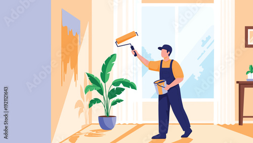 Professional painter in blue overalls using a roller to apply orange paint to a wall in a bright living room interior.