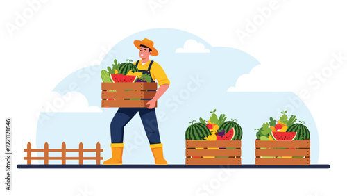 Successful organic farm harvest with a male farmer carrying a wooden crate full of fresh watermelons and other fruits in the countryside.