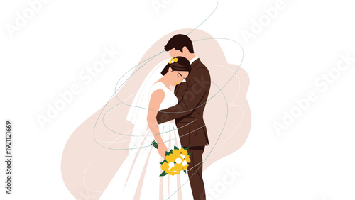 Loving wedding couple in formal attire sharing an intimate hug against a clean background with decorative swirling lines.