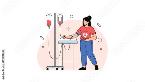 Young woman donating blood at a medical facility with an IV bag and heart rate monitor showing a healthy heartbeat symbol.