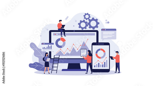 Small group of business professionals analyzing real time data and financial metrics on a large computer screen in a modern office.
