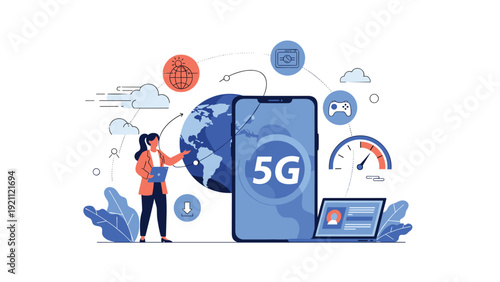 Concept of high speed 5G network technology featuring a woman professional presenting global connectivity icons and a smartphone.