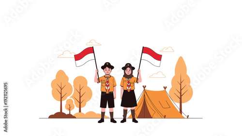 Two young Indonesian scouts standing at their campsite in front of an orange tent and autumn colored trees under a clear sky.
