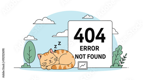 Error page design featuring a cute ginger cat sleeping next to a large four hundred and four error message sign in a garden.