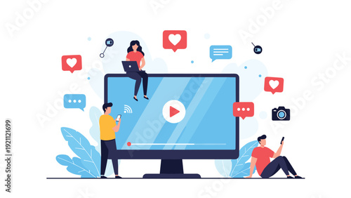 Group of people interacting with social media and video content icons on a large monitor screen for digital marketing engagement.