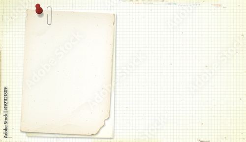 Both of old papers with stains effect attached by paper clip and stick by pins on old grid paper have blank space.