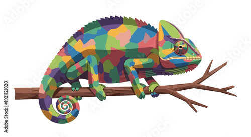 Colorful Chameleon on Branch - Abstract Mosaic Pattern Reptile Illustration