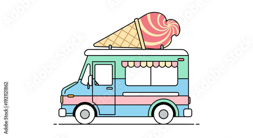Colorful Ice Cream Truck with Swirl Cone on Top, Summer Treat Vehicle