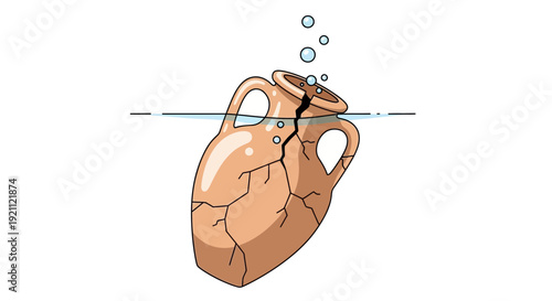 Cracked Ceramic Amphora Submerged in Water with Bubbles