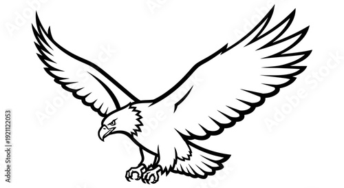 Eagle flying with outstretched wings, black and white illustration, powerful predator bird.