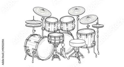 Drum Kit Sketch - Black and White Outline Drawing of Musical Instrument