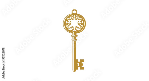 Elegant Golden Antique Key with Ornate Scrollwork, Isolated on White Background