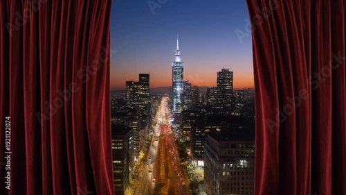 City Skyline at Dusk through Theater Curtains