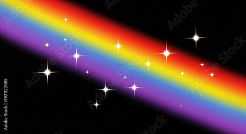 A vibrant rainbow with sparkling stars shines brightly against a dark background