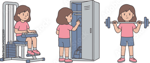 Vector illustration of a young girl performing different gym activities, including using a leg press machine, accessing a gym locker,